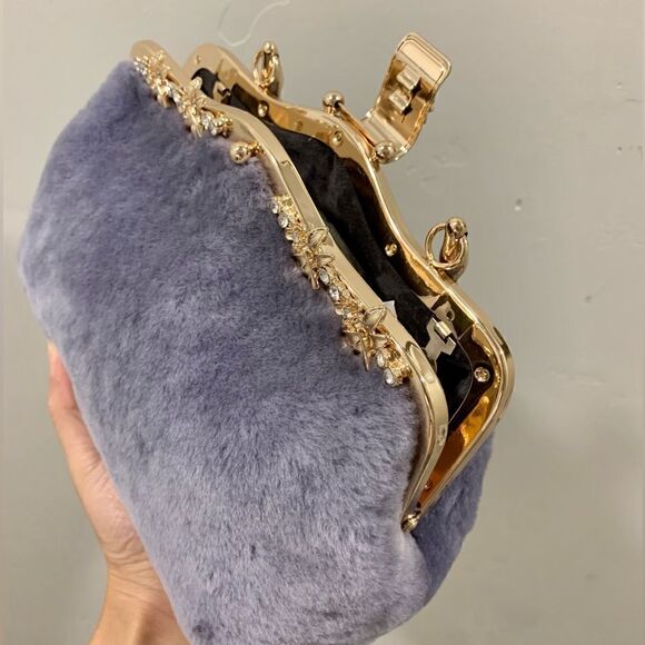 Genuine Shearling Leather Handmade Top Handle Metal Frame Bag & Small Clutch Set - Picture 10 of 16